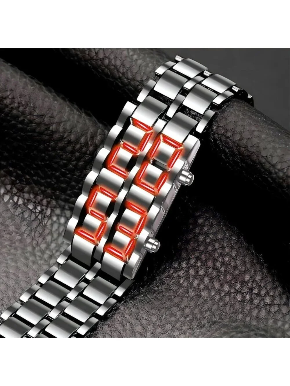 Men's Silver Red Analog Quartz Lava Style Stainless Steel Bracelet Digital Watch